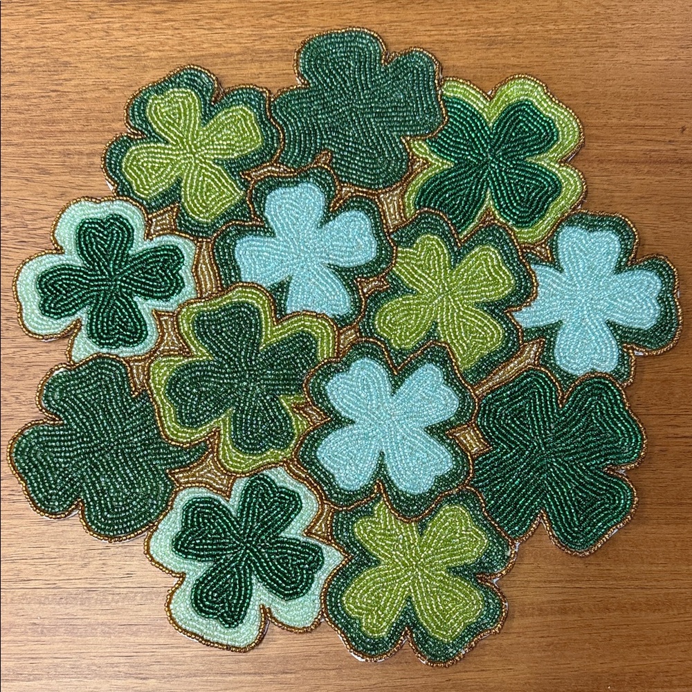 Hand-Beaded Clover Patch Mat in Greens and Light Blue
